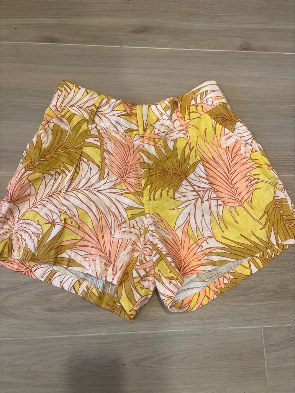 Tahari Tropical Leaf High-Waist Linen Shorts in Yellow brown Orange